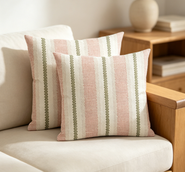 Two piece sage green polka dot striped linen pillowcases