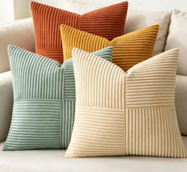 Green and orange color blocked corduroy striped pillowcase set of four